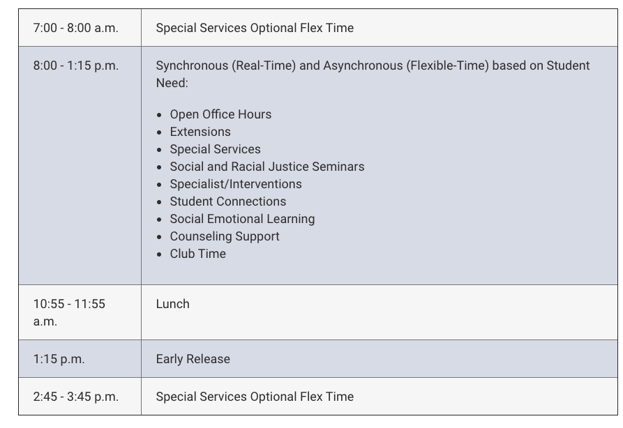  Part of the Wednesday schedule on the Northshore School District website